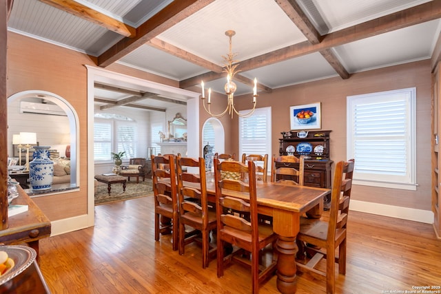 dining space with hardwood / wood-style flooring, coffered ceiling, a chandelier, and beam ceiling