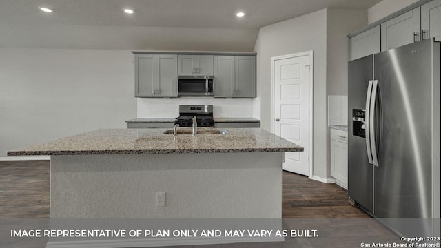 kitchen with gray cabinetry, light stone countertops, stainless steel appliances, and an island with sink