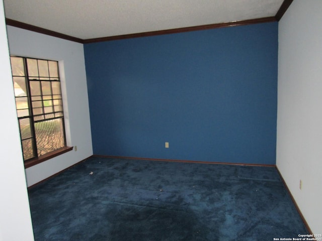 carpeted spare room with crown molding