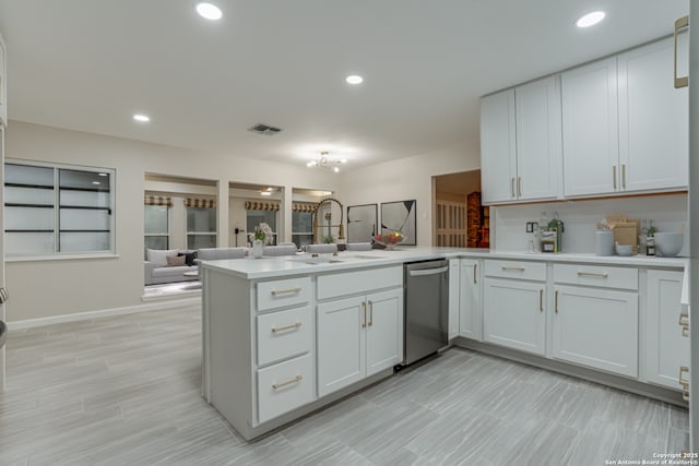 kitchen with white cabinetry, sink, stainless steel dishwasher, and kitchen peninsula