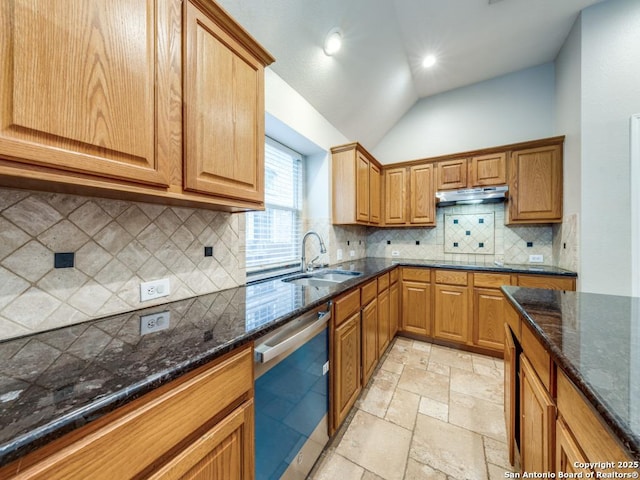 kitchen with lofted ceiling, sink, tasteful backsplash, stainless steel dishwasher, and dark stone counters