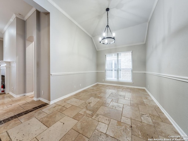 unfurnished dining area featuring ornamental molding, lofted ceiling, and an inviting chandelier