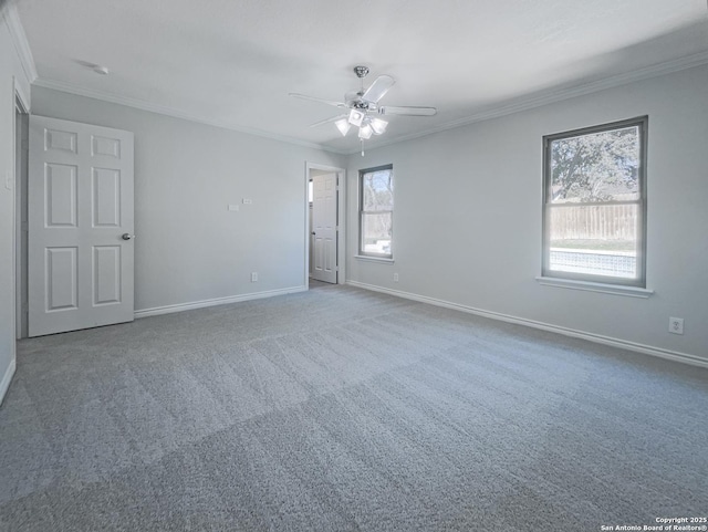 carpeted empty room featuring crown molding and ceiling fan