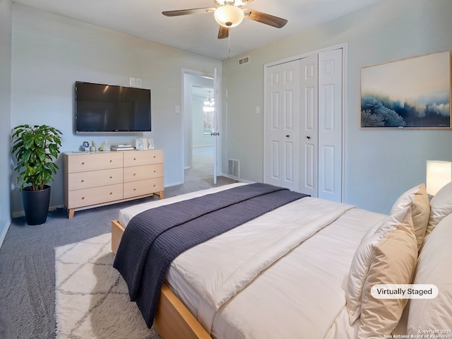 bedroom featuring carpet flooring, ceiling fan, and a closet