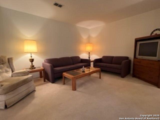 living room featuring light carpet