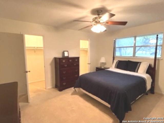 carpeted bedroom featuring a spacious closet, ceiling fan, and a closet