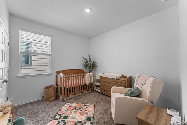 bedroom with a nursery area and carpet