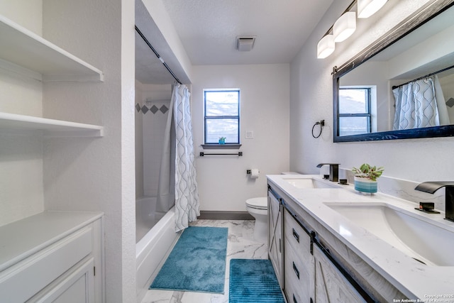 full bathroom with toilet, vanity, shower / bathtub combination with curtain, and a wealth of natural light