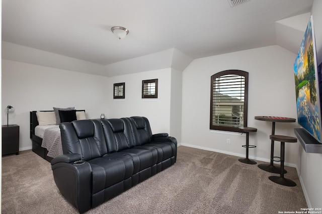 carpeted living room with vaulted ceiling