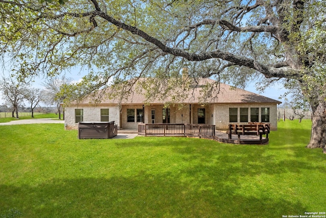 back of house with a hot tub, a patio area, and a lawn