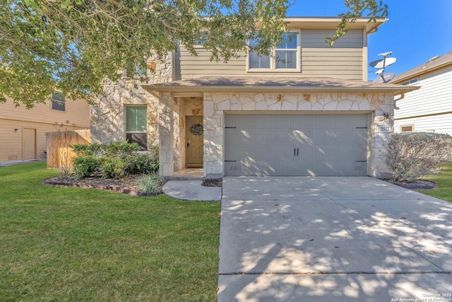 front of property with a garage and a front lawn