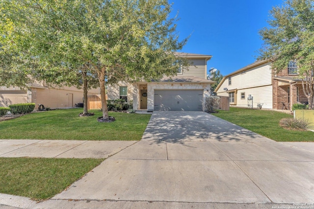 view of front of house with a garage and a front lawn