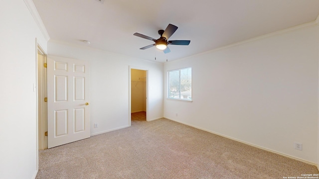 unfurnished bedroom featuring a spacious closet, light carpet, ornamental molding, a closet, and ceiling fan