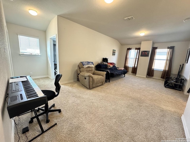 home office with lofted ceiling, light carpet, and a textured ceiling