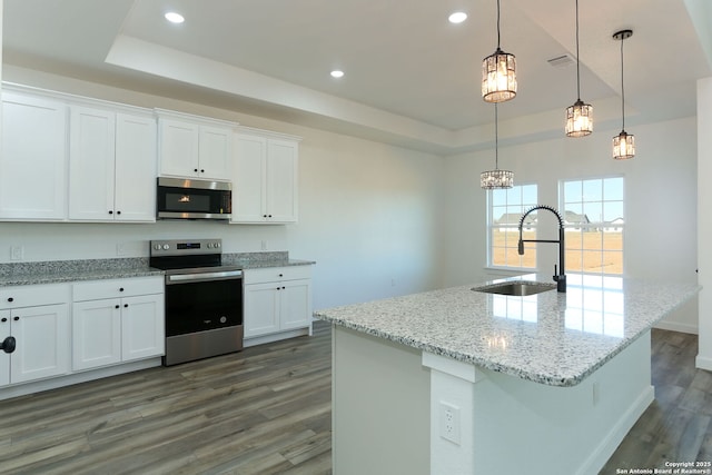 kitchen featuring a kitchen island with sink, a tray ceiling, stainless steel appliances, and white cabinets