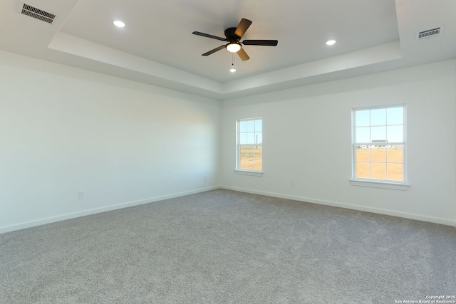 spare room with ceiling fan, a raised ceiling, and carpet