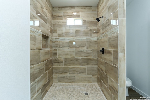 bathroom with a tile shower and toilet