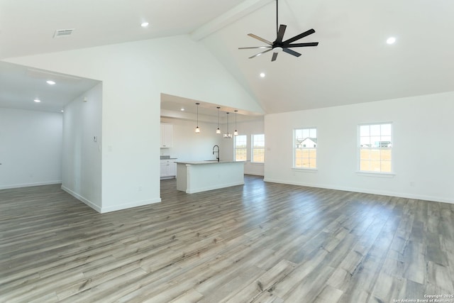 unfurnished living room with plenty of natural light, beam ceiling, high vaulted ceiling, and light hardwood / wood-style flooring