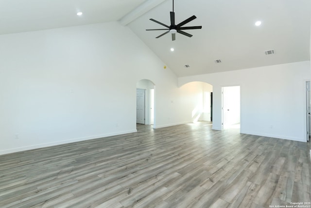 unfurnished living room featuring beamed ceiling, ceiling fan, high vaulted ceiling, and light hardwood / wood-style flooring