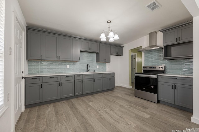 kitchen featuring stainless steel range with electric stovetop, wall chimney exhaust hood, gray cabinets, and light wood-type flooring