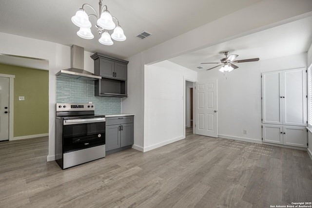 kitchen featuring gray cabinetry, light hardwood / wood-style flooring, electric stove, wall chimney range hood, and backsplash