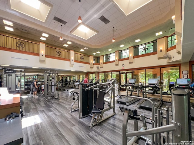 exercise room featuring a towering ceiling and a paneled ceiling