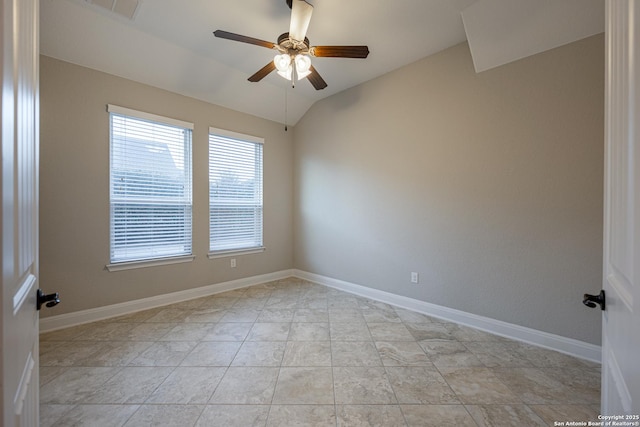 unfurnished room featuring vaulted ceiling and ceiling fan