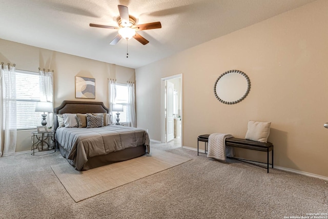 bedroom featuring light carpet and ceiling fan