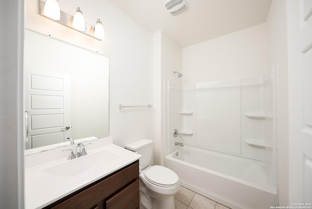 full bathroom featuring shower / tub combination, vanity, tile patterned floors, and toilet