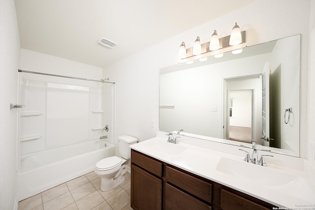 full bathroom with tile patterned flooring, vanity, tub / shower combination, and toilet