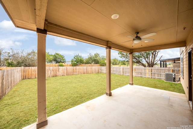 view of patio / terrace featuring ceiling fan and central air condition unit