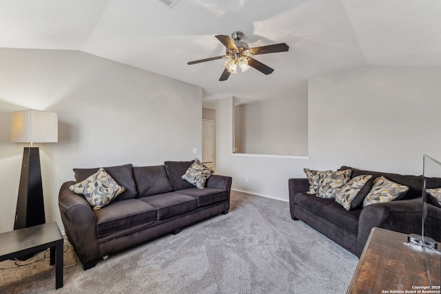 carpeted living room featuring ceiling fan and lofted ceiling