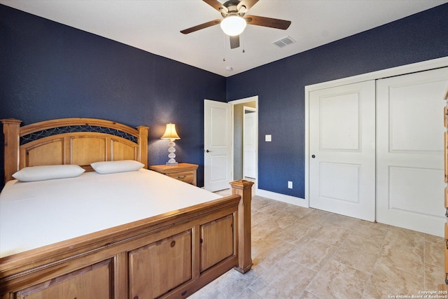 bedroom featuring ceiling fan and a closet