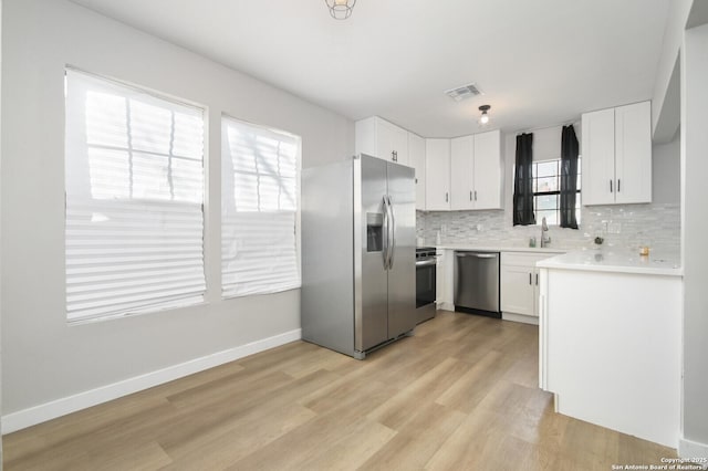 kitchen with stainless steel appliances, white cabinets, light hardwood / wood-style floors, and decorative backsplash