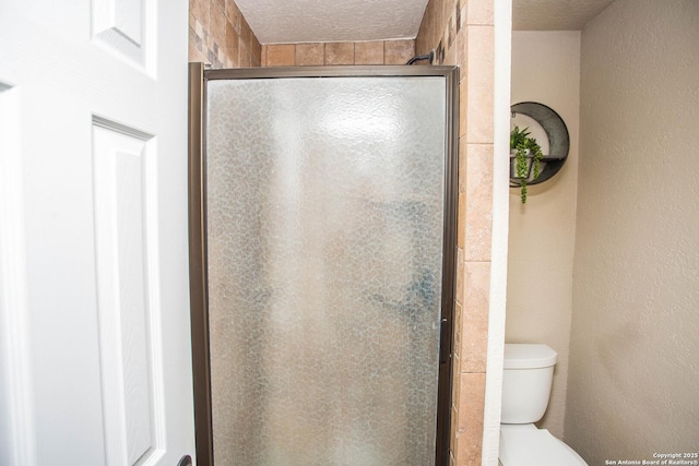 bathroom featuring an enclosed shower, a textured ceiling, and toilet