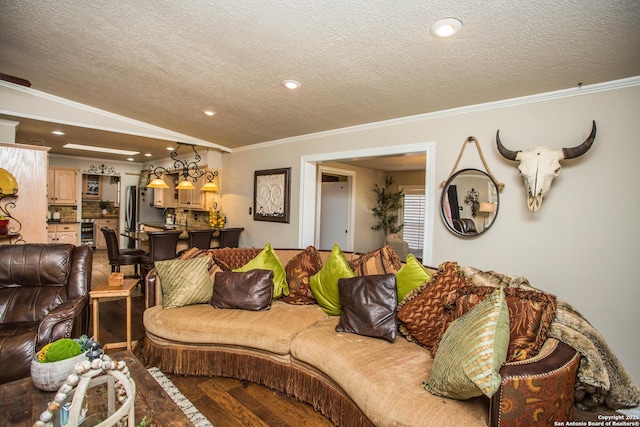 living room with ornamental molding, beverage cooler, wood-type flooring, and a textured ceiling