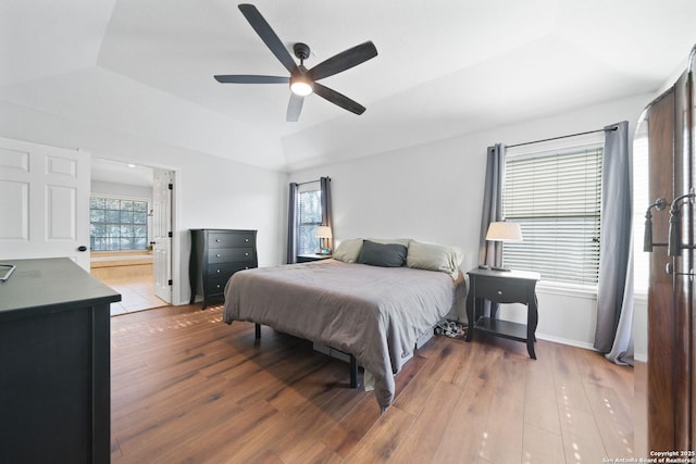 bedroom with a raised ceiling, wood-type flooring, and multiple windows