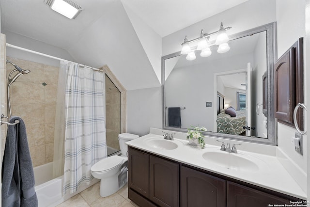 full bathroom featuring vaulted ceiling, tile patterned flooring, vanity, shower / tub combo, and toilet