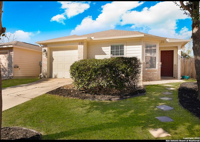 ranch-style house with a garage and a front lawn