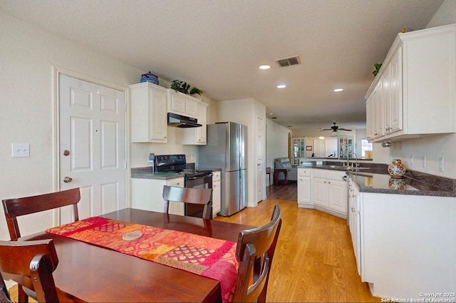 dining space with sink, light hardwood / wood-style floors, and ceiling fan