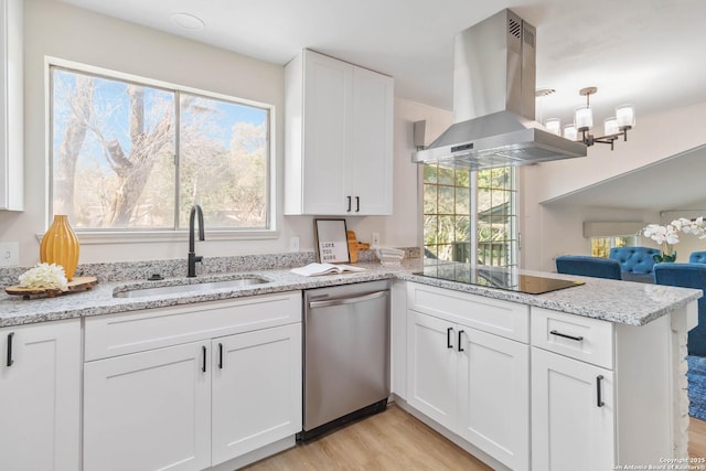 kitchen with dishwasher, sink, white cabinets, island exhaust hood, and black electric stovetop