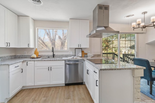 kitchen with white cabinetry, island exhaust hood, dishwasher, and kitchen peninsula