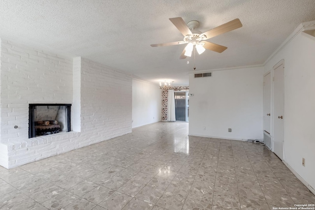 unfurnished living room featuring ceiling fan, a fireplace, and a textured ceiling