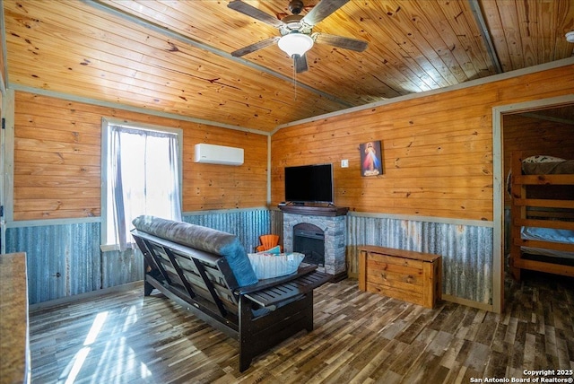 living area with wood ceiling, dark hardwood / wood-style flooring, a stone fireplace, and an AC wall unit