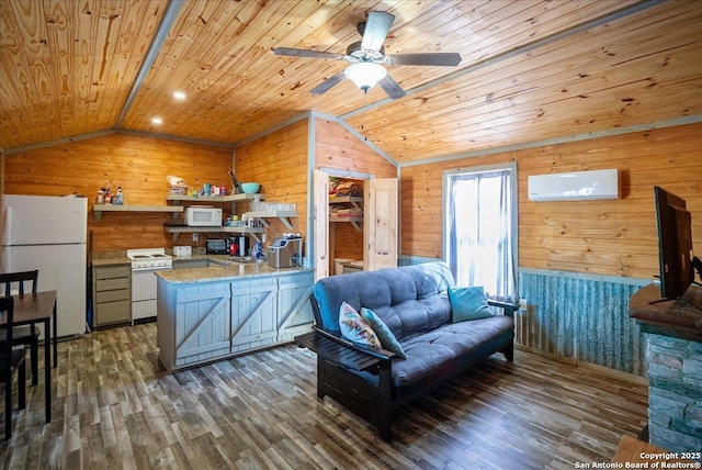 interior space with white appliances, a wall mounted air conditioner, dark hardwood / wood-style flooring, vaulted ceiling, and kitchen peninsula