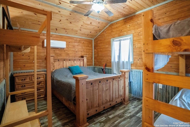 bedroom featuring lofted ceiling, wooden walls, dark hardwood / wood-style floors, a wall mounted AC, and wooden ceiling