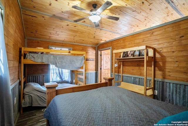 bedroom featuring wood ceiling and wood walls