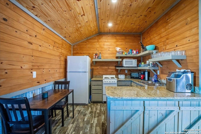 kitchen featuring sink, wooden ceiling, kitchen peninsula, white appliances, and light stone countertops