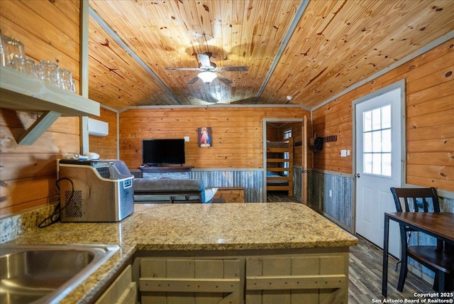 kitchen featuring ceiling fan, dark wood-type flooring, wooden ceiling, and wooden walls