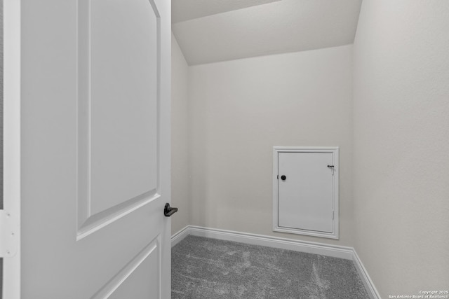 laundry room with dark colored carpet